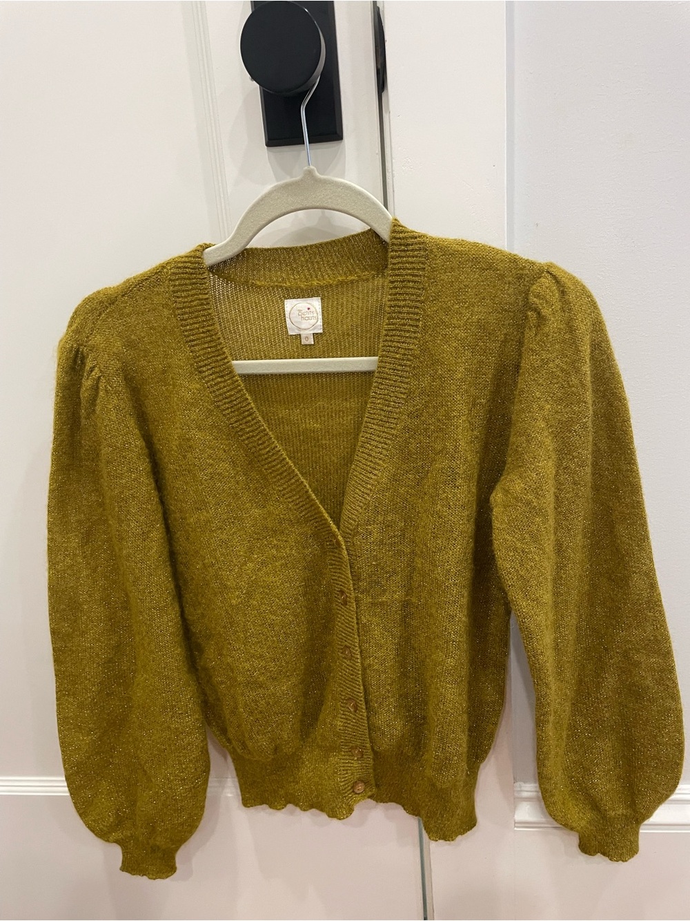 Puff-Sleeve V-Neck Cardigan Sweater in Mustard